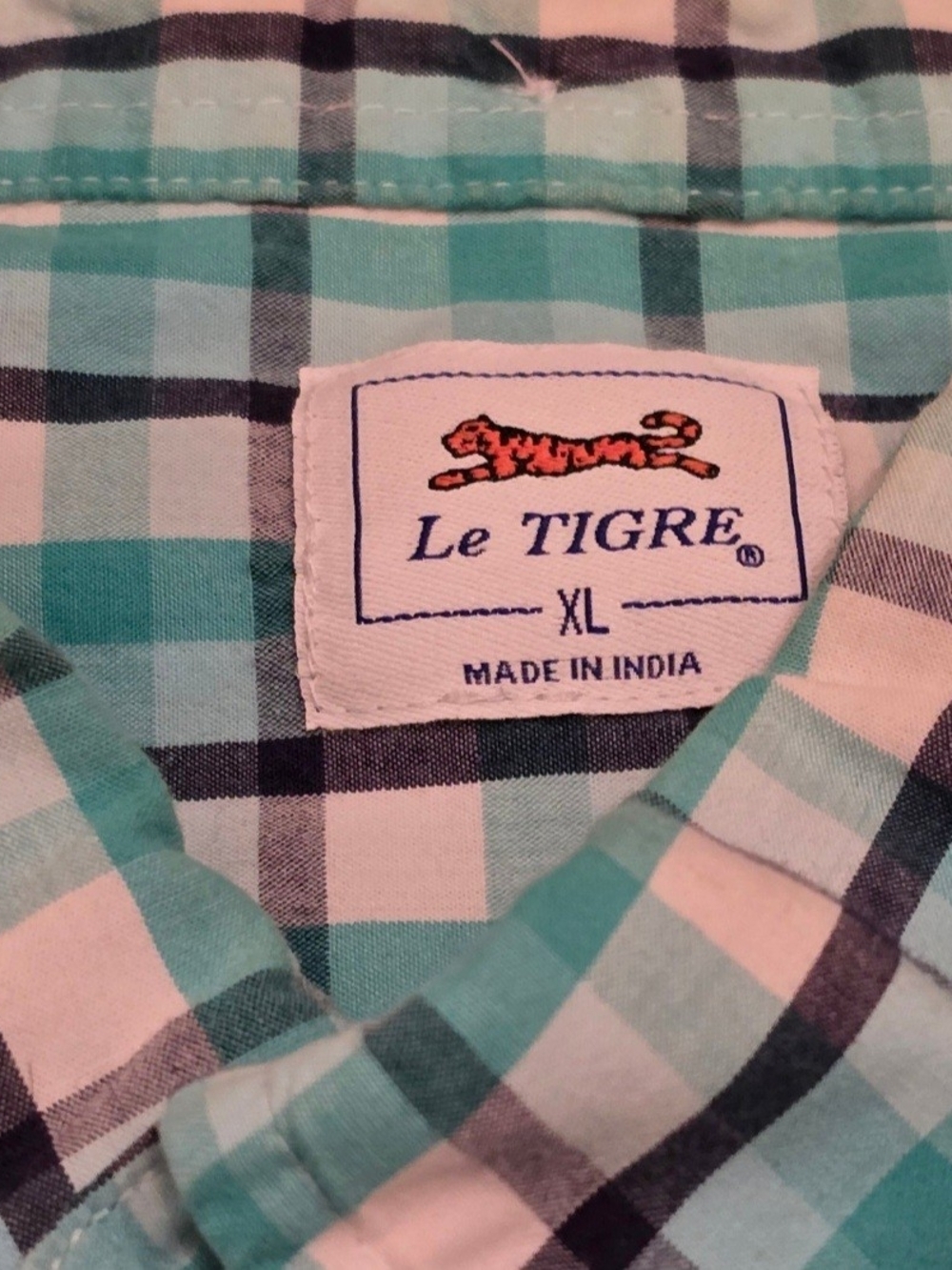 Vtg Le Tigre Men’s XL Plaid Button Down Shirt Turquoise Gray White Long Sleeves